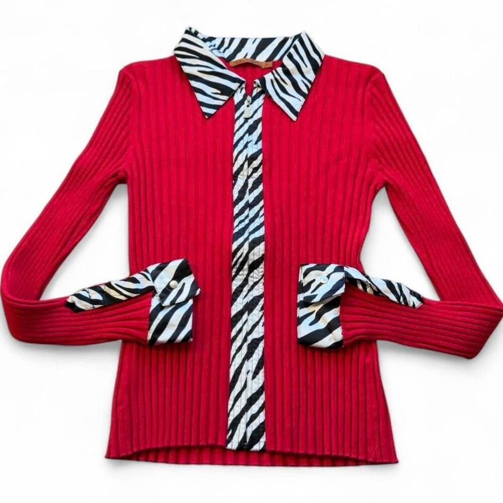 Y2K Belldini Red Collared Zebra Print Trim Zip Ribbed Knit Sweater Top Size M